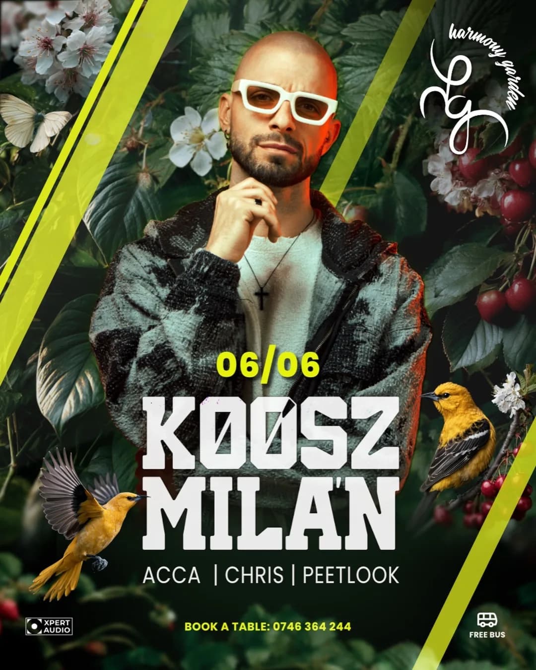 Flyer Harmony Garden — Koosz Milán, 6 iunie, alături de Acca, Chris și Peetlook