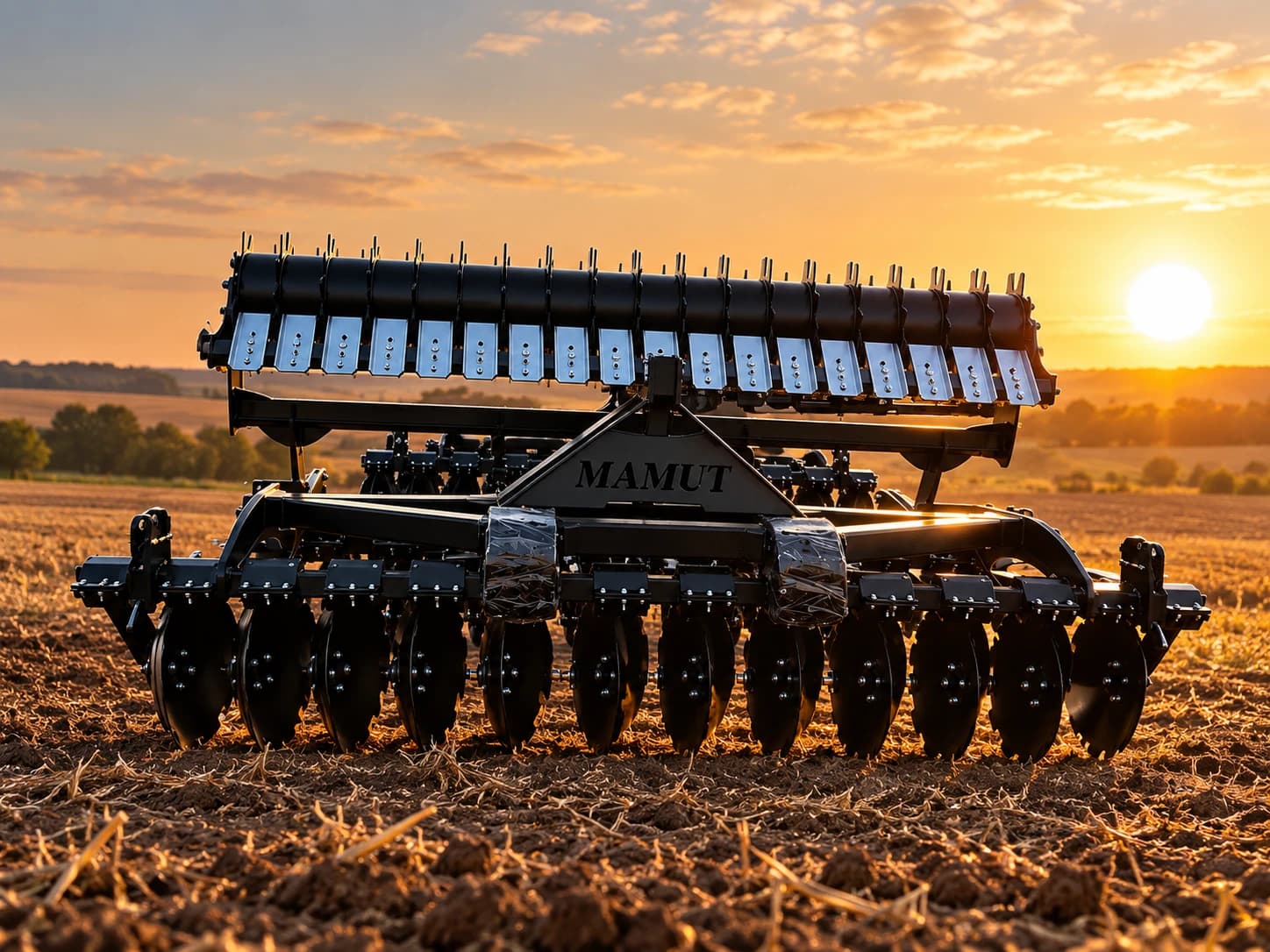 Utilaj agricol Mamut cu discuri, într-un câmp la apus