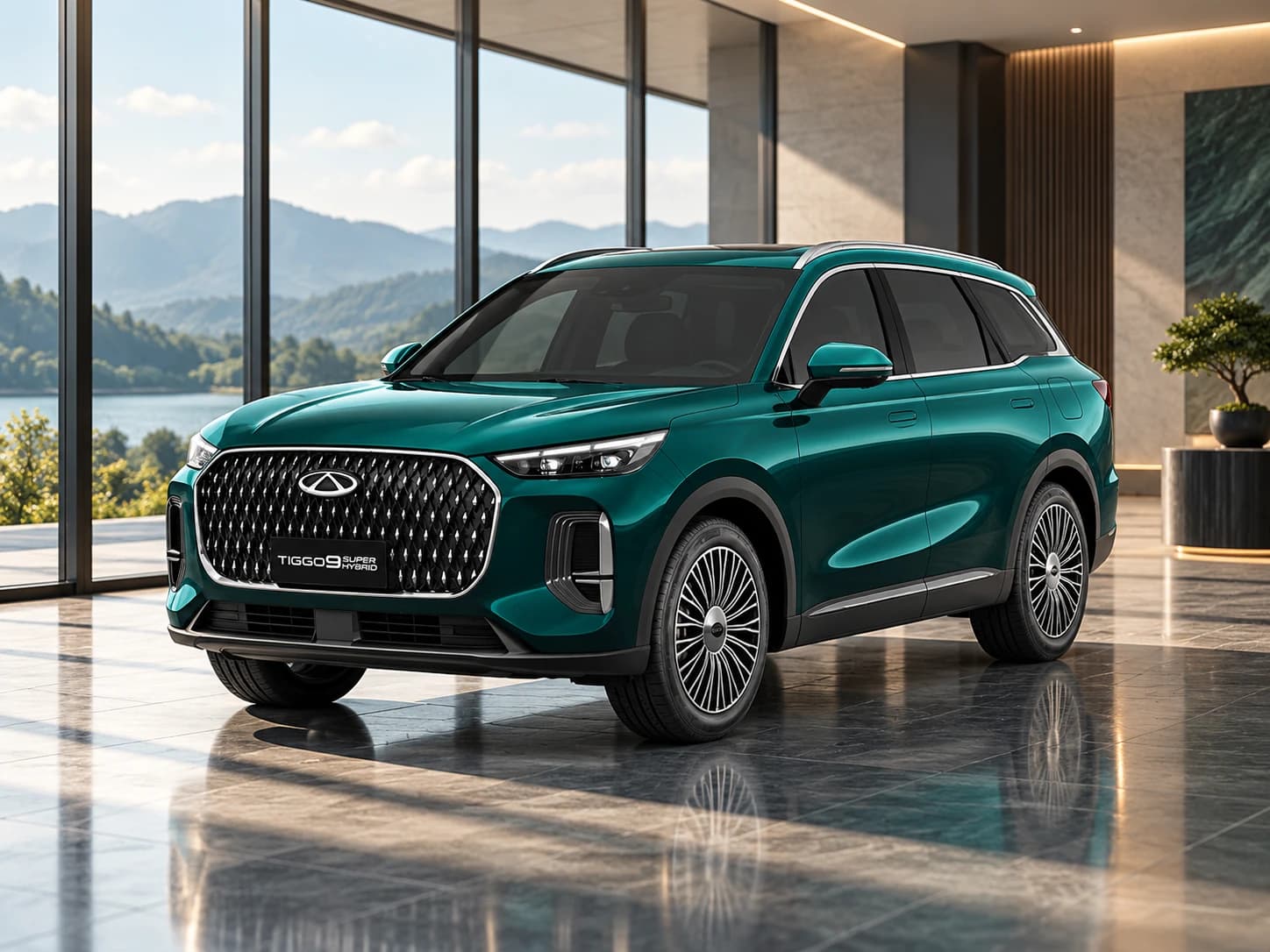 Chery Tiggo 9 Super Hybrid verde, într-un showroom cu ferestre panoramice