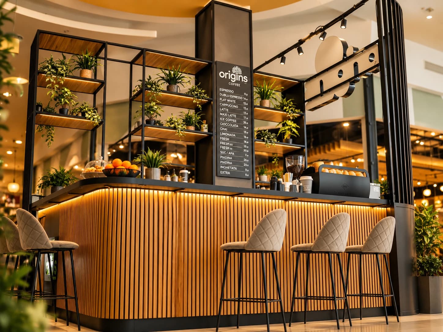 Barul Origins Coffee, cu rafturi cu plante și meniul pe panou