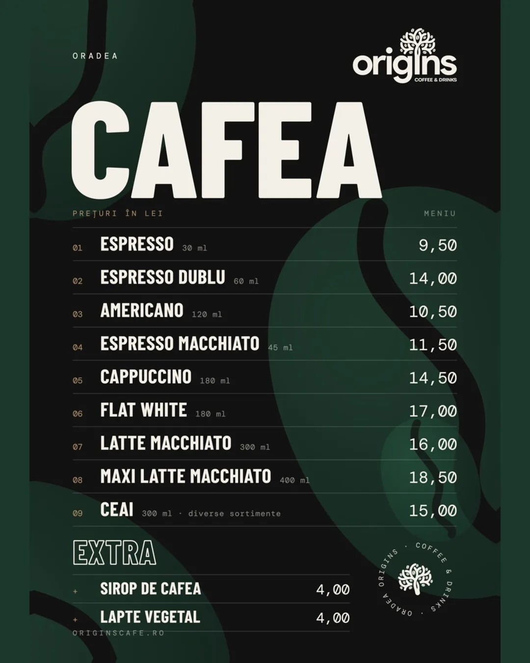 Meniul de cafea Origins — design tipografic, prețuri pe sortimente